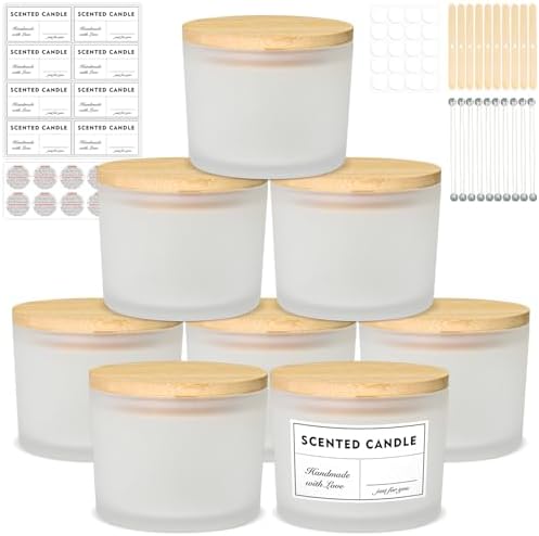 12oz Candle Jars 8 Pack with Bamboo Lids and Wick Kit