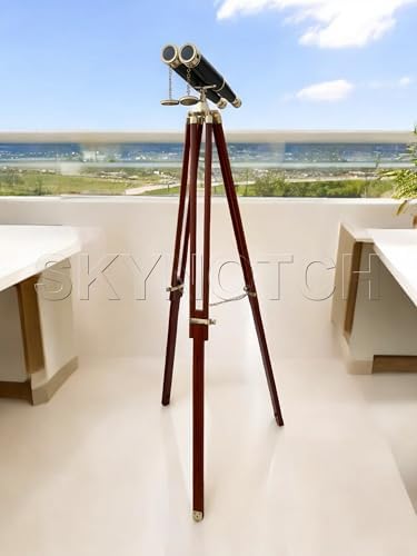 SKYNOTCH Nautical Brass Double Barrel Binocular With 62 Inch Wooden Stand