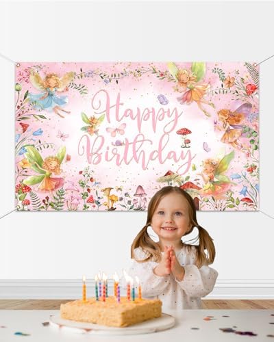 Mocsicka Fairy Birthday Backdrop Banner Pink