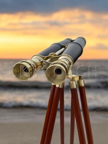 SKYNOTCH Nautical Brass Double Barrel Binocular With 62 Inch Wooden Stand