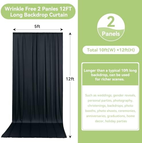 10ft x 12ft Wrinkle Free Black Backdrop Curtain 2 Panels