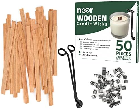 NOOR 50 Smokeless Wooden Wicks with Trimmer and Clips for Candle Making