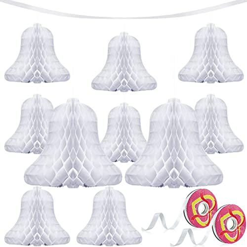 10 Pcs White Honeycomb Wedding Bells with 2 Rolls Ribbons