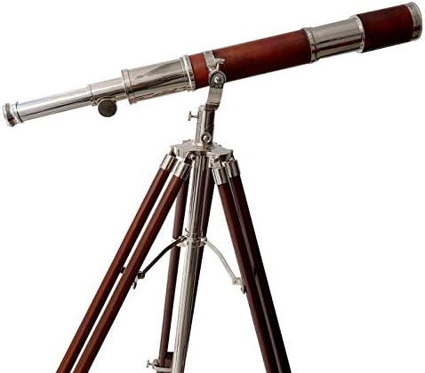Antique Brass Tube Telescope with Brown Wood Tripod