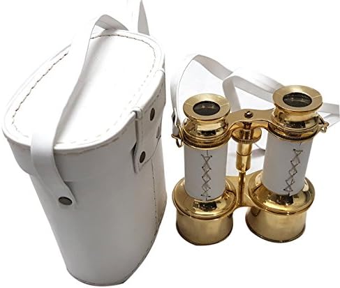 Handmade Shiny Brass Binoculars with White Leather Box
