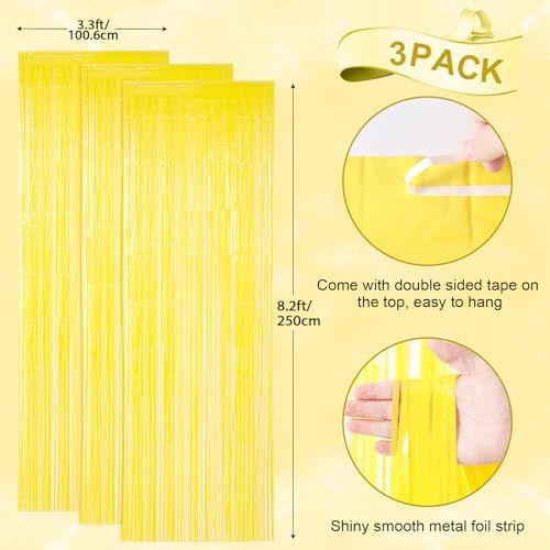 3 Pack Pastel Yellow Foil Fringe Backdrop Curtains for Parties