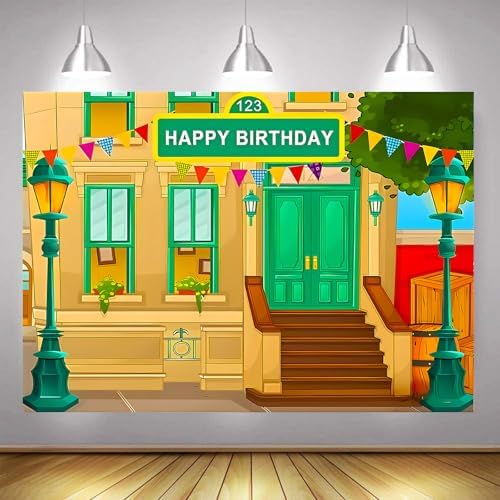Happy Birthday Cartoon Street Theme Brick Wall Photo Background
