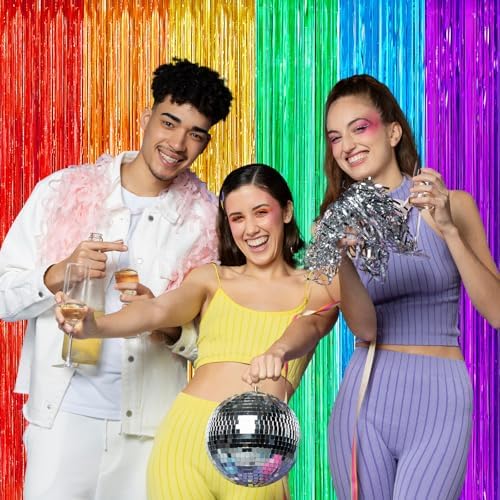 2 Pack Rainbow Foil Fringe Curtains for Party Decorations