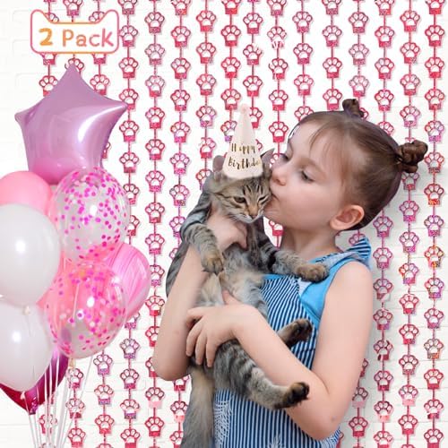 Pink Cat Paw Foil Fringe Curtains 2 Pack