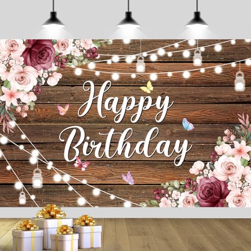 YinQin Rustic Wood Flower Happy Birthday Backdrop Cloth Banner 180x120cm