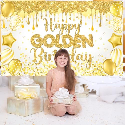 Happy Golden Birthday Backdrop with Balloons and Glitter