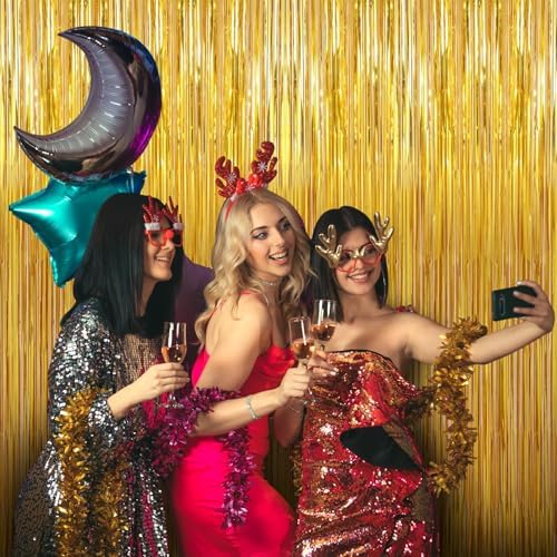 3 Pack Gold Foil Fringe Backdrop Curtains for Parties
