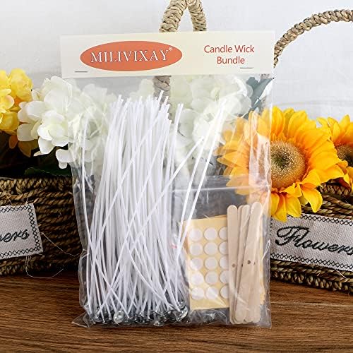 MILIVIXAY 100PCS 8 Inch Candle Wicks with Metal Tabs and Wood Holders