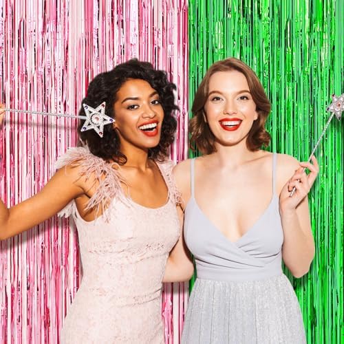 4 Pack Pink and Green Tinsel Curtain Backdrop