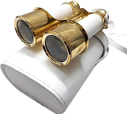 Handmade Shiny Brass Binoculars with White Leather Box