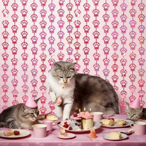 Pink Cat Paw Foil Fringe Curtains 2 Pack