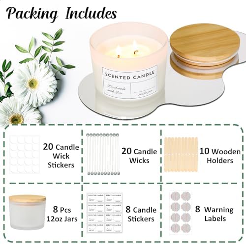 12oz Candle Jars 8 Pack with Bamboo Lids and Wick Kit