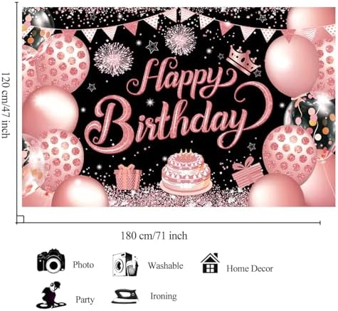 YinQin 180x120 cm Black Rose Gold Happy Birthday Photography Backdrop Cloth