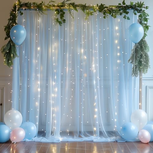 10x10ft Baby Blue Tulle Backdrop with String Lights for Parties