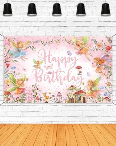 Mocsicka Fairy Birthday Backdrop Banner Pink