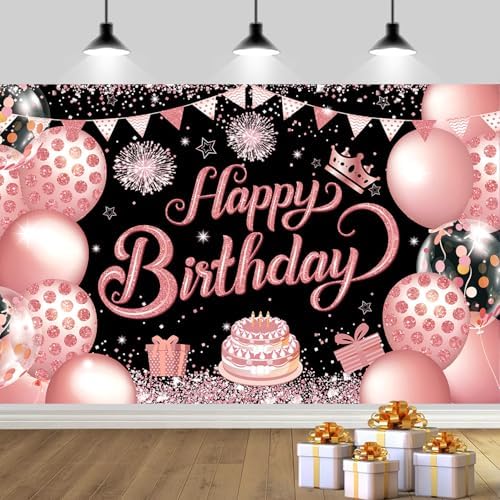 YinQin 180x120 cm Black Rose Gold Happy Birthday Photography Backdrop Cloth