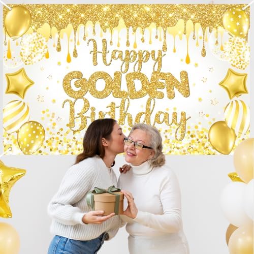 Happy Golden Birthday Backdrop with Balloons and Glitter