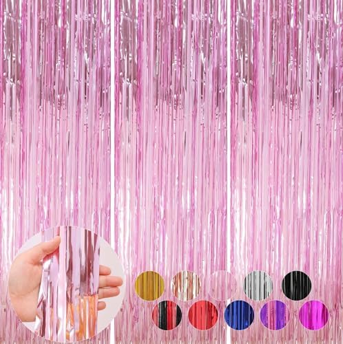 3 Pack Pink Foil Fringe Curtains for Parties