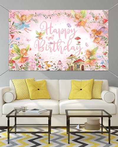 Mocsicka Fairy Birthday Backdrop Banner Pink
