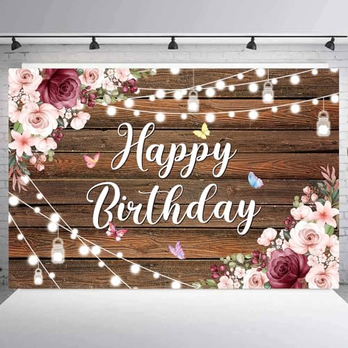 YinQin Rustic Wood Flower Happy Birthday Backdrop Cloth Banner 180x120cm