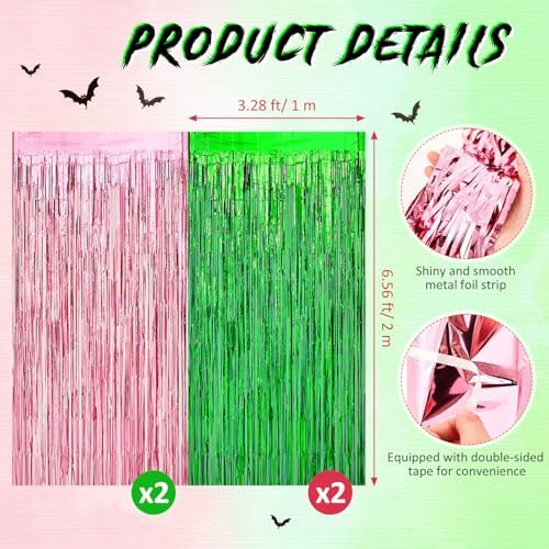 4 Pack Pink and Green Tinsel Curtain Backdrop