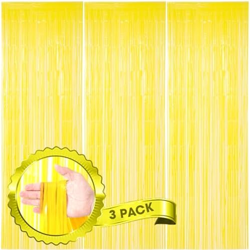 3 Pack Pastel Yellow Foil Fringe Backdrop Curtains for Parties
