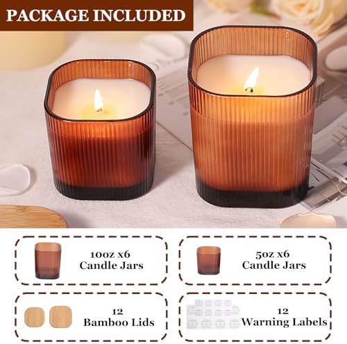 12oz and 6oz Amber Glass Candle Jars Set of 12 with Lids