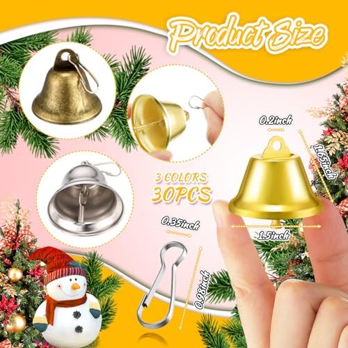 30 Piece Mini Brass Bells with Spring Hooks for Crafting