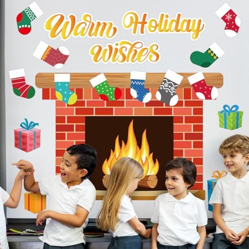 Christmas Bulletin Board with Fireplace and Stocking Cutouts