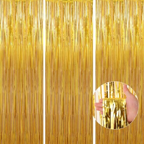 3 Pack Gold Foil Fringe Backdrop Curtains for Parties