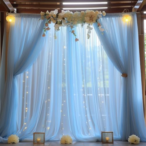 10x10ft Baby Blue Tulle Backdrop with String Lights for Parties