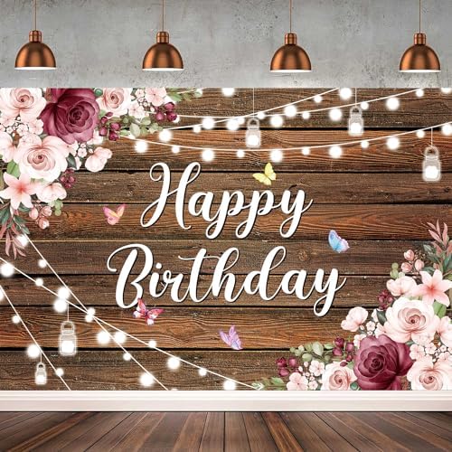 YinQin Rustic Wood Flower Happy Birthday Backdrop Cloth Banner 180x120cm