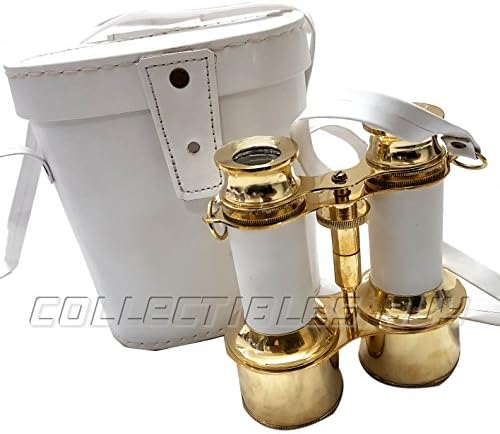 Handmade Shiny Brass Binoculars with White Leather Box