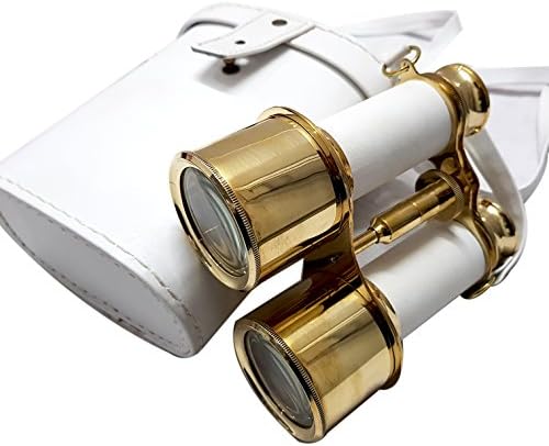 Handmade Shiny Brass Binoculars with White Leather Box