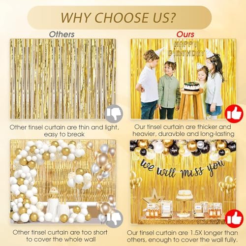 3 Pack Gold Foil Fringe Backdrop Curtains for Parties