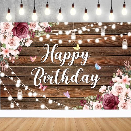 YinQin Rustic Wood Flower Happy Birthday Backdrop Cloth Banner 180x120cm