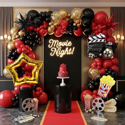 Movie Night Balloon Garland Arch Set Red Black Gold