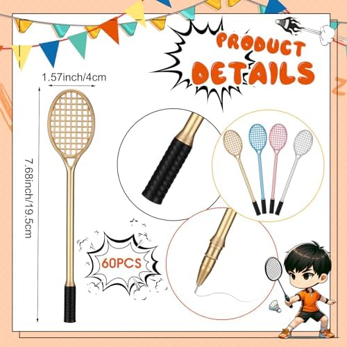60 Pcs Tennis Racket Gel Pens for Parties and Stress Relief