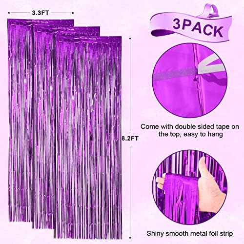 3 Pack Purple Foil Fringe Backdrop Curtains for Parties