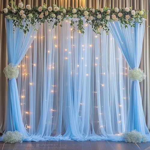 10x10ft Baby Blue Tulle Backdrop with String Lights for Parties