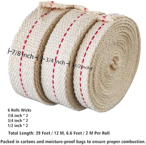 39 Feet Oil Lamp Wicks 6 Rolls Includes 3 Sizes
