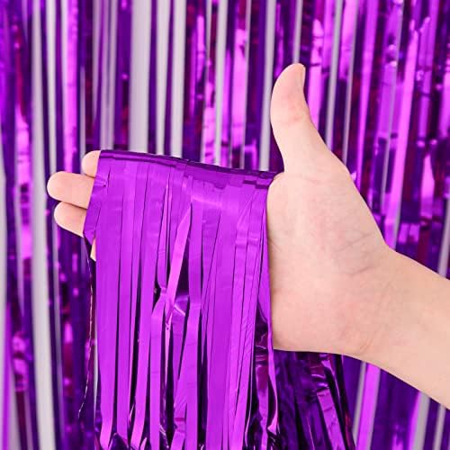 3 Pack Purple Foil Fringe Backdrop Curtains for Parties