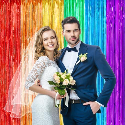 2 Pack Rainbow Foil Fringe Curtains for Party Decorations