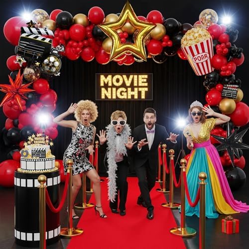 Movie Night Balloon Garland Arch Set Red Black Gold