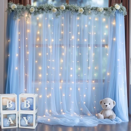 10x10ft Baby Blue Tulle Backdrop with String Lights for Parties